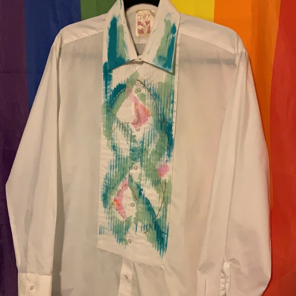 Frillz Artsy Painted Pleated Tuxedo Shirt AS IS